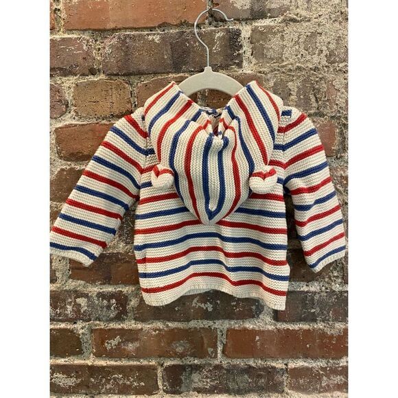 Baby GAP White/Blue/Red Striped Bear Ear Hooded Cardigan Sweater Baby Size 3-6 M - Picture 4 of 4
